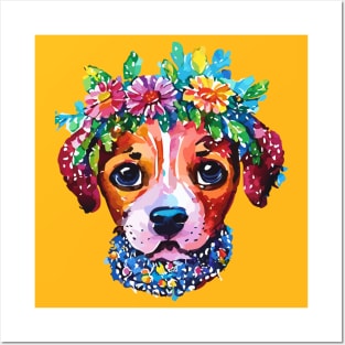 Beagle Puppy with Flower Crown Doodle Posters and Art